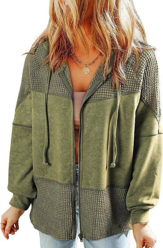 Damen Lässige Oversize-Kapuzenjacke mit Strukturstrick-Einsätzen und Reißverschluss Shop Nory