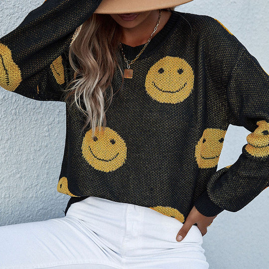 Damen lässiger Strickpullover mit Smiley‑Jacquard und Rundhalsausschnitt Shop Nory