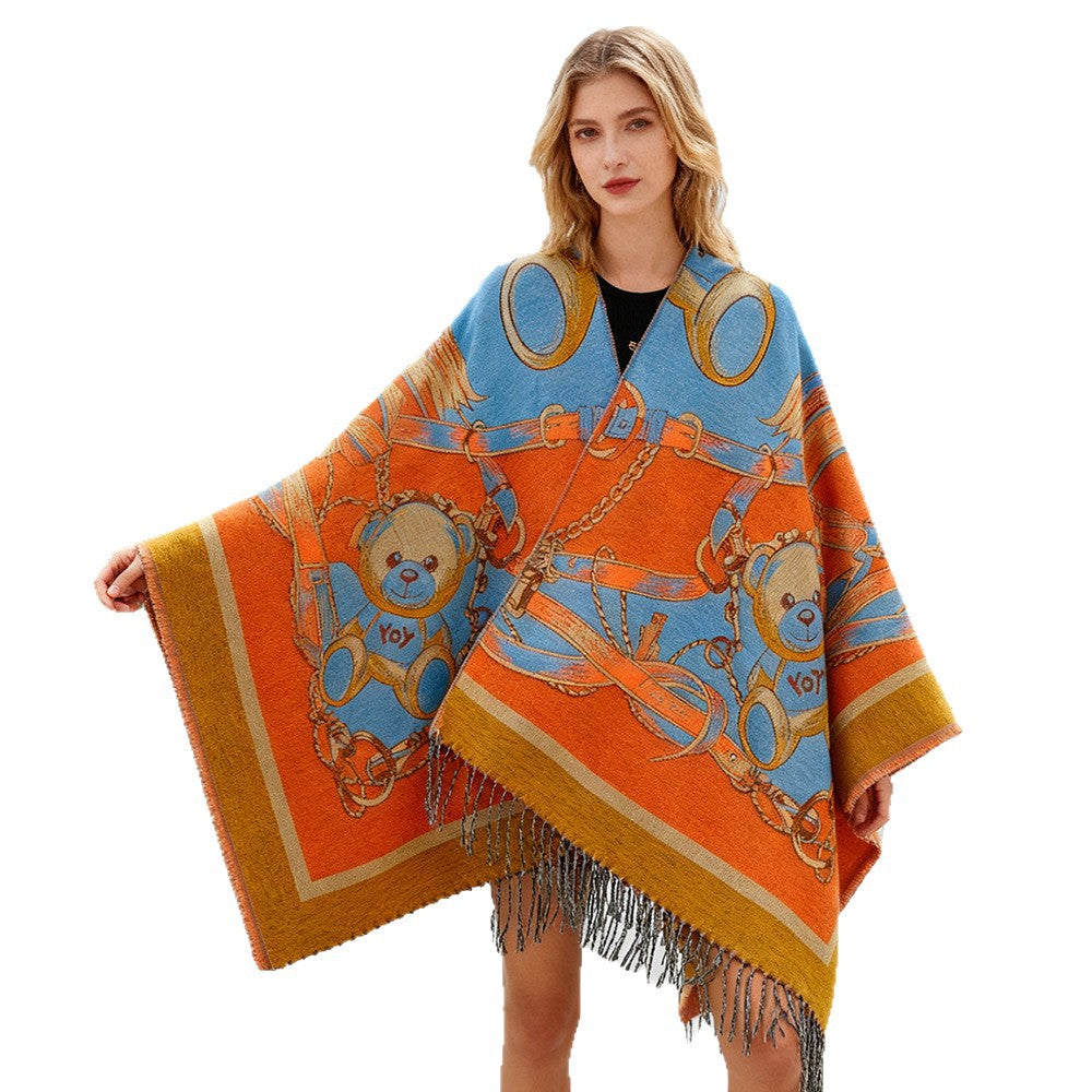 Damen Jacquard-Poncho mit Fransen und illustrativem Teddy-Sattel-Motiv Shop Nory