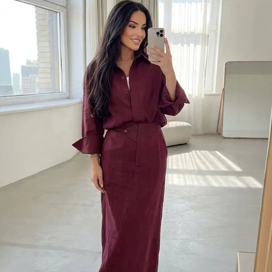 Damen Zweiteiliges Leinen-Set mit Oversized-Hemd und tailliertem Maxirock Shop Nory