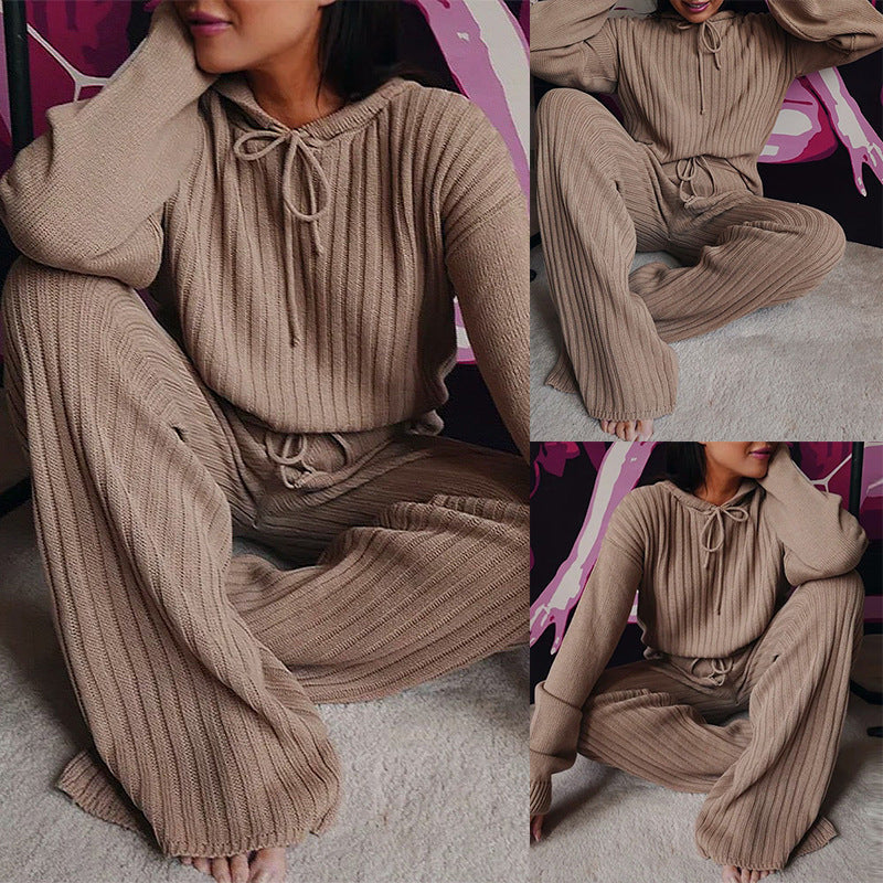Damen Geripptes Strick-Loungewear-Set mit Kapuzenpullover und weiter Kordelzughose Shop Nory
