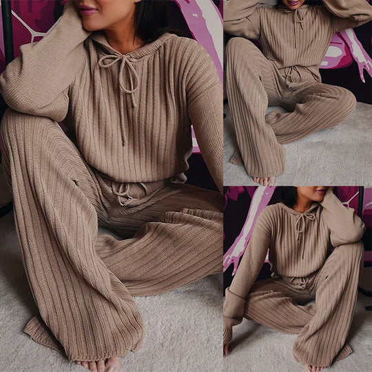 Damen Geripptes Strick-Loungewear-Set mit Kapuzenpullover und weiter Kordelzughose Shop Nory