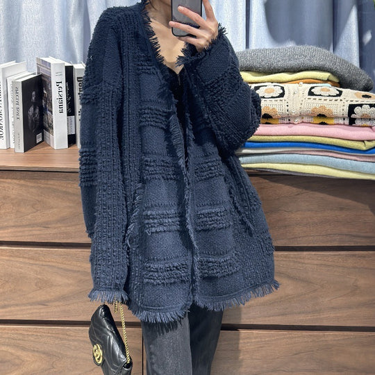 Damen Oversize Strickcardigan mit strukturierter Karomuster‑Optik, Fransen und Eingrifftaschen Shop Nory