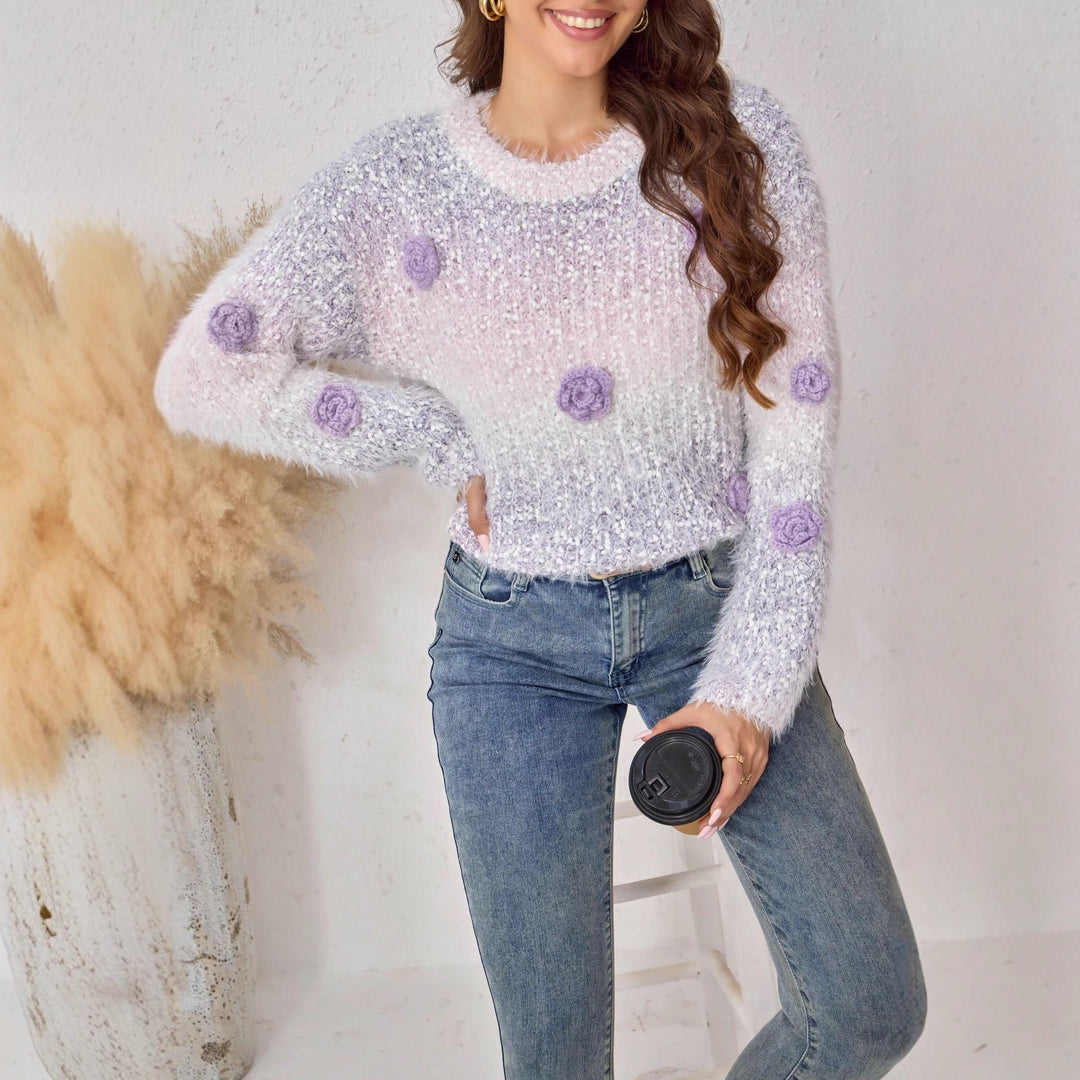 Damen Flausch-Pullover mit 3D-Blütenapplikationen Shop Nory