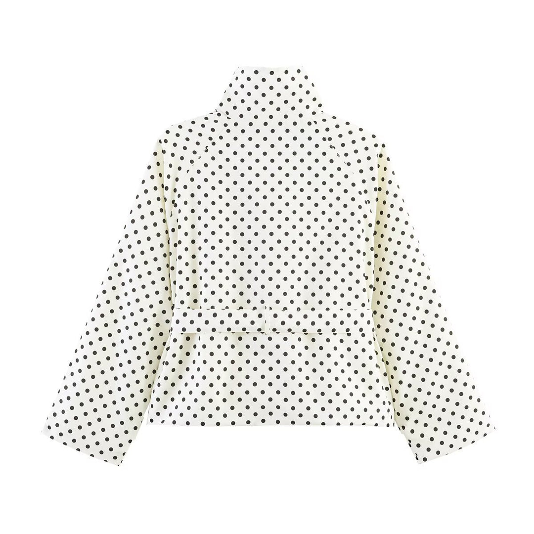 Damen Gekürzter gepunkteter Trenchcoat mit Stehkragen, Taillengürtel und Doppelknopfleiste Shop Nory