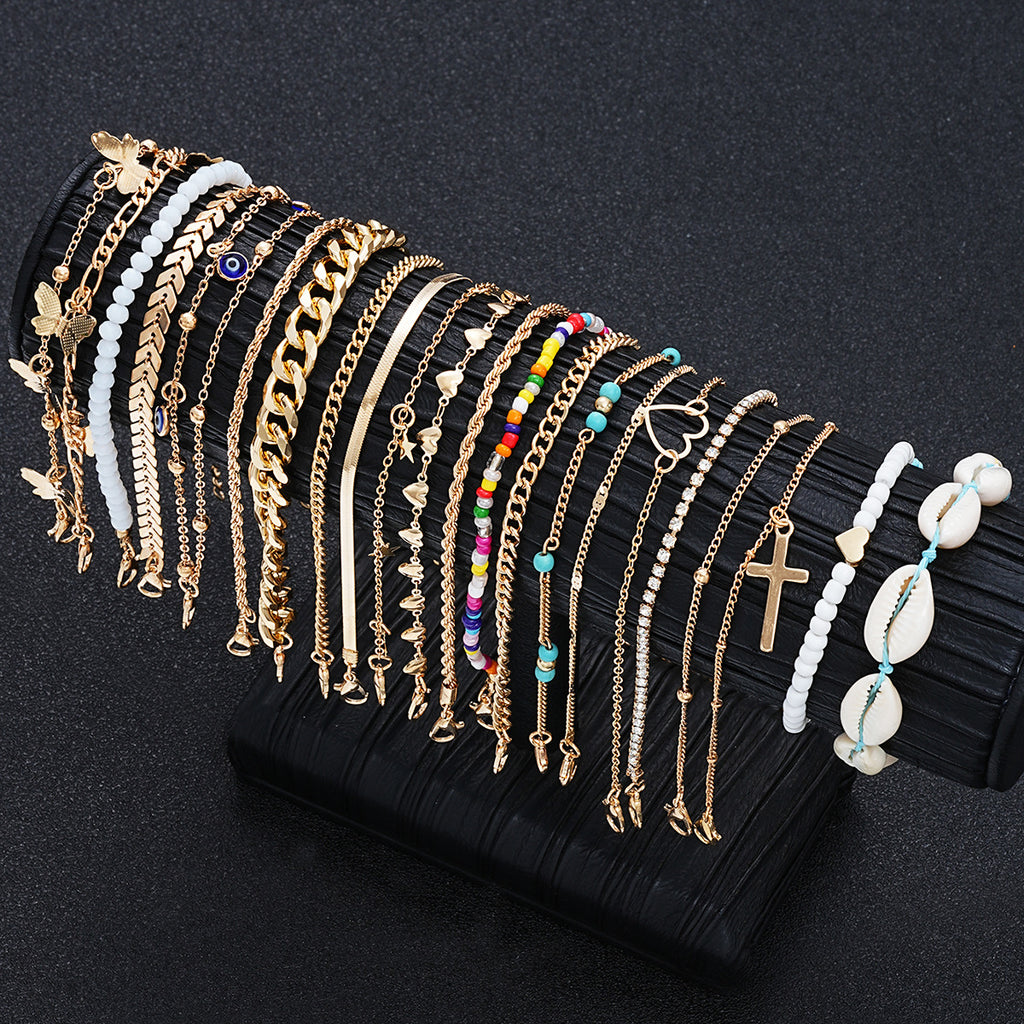 Damen Fußkettchen-Set mit zeitlosen goldenen und bunten Anhängern Shop Nory