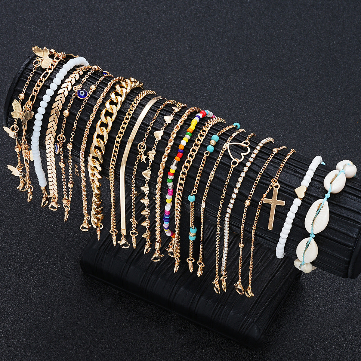 Damen Fußkettchen-Set mit zeitlosen goldenen und bunten Anhängern Shop Nory