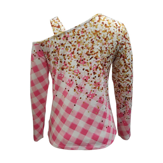 Damen Schulterfreies Langarmshirt mit Gingham-Karo und One-Shoulder-Riemen Shop Nory