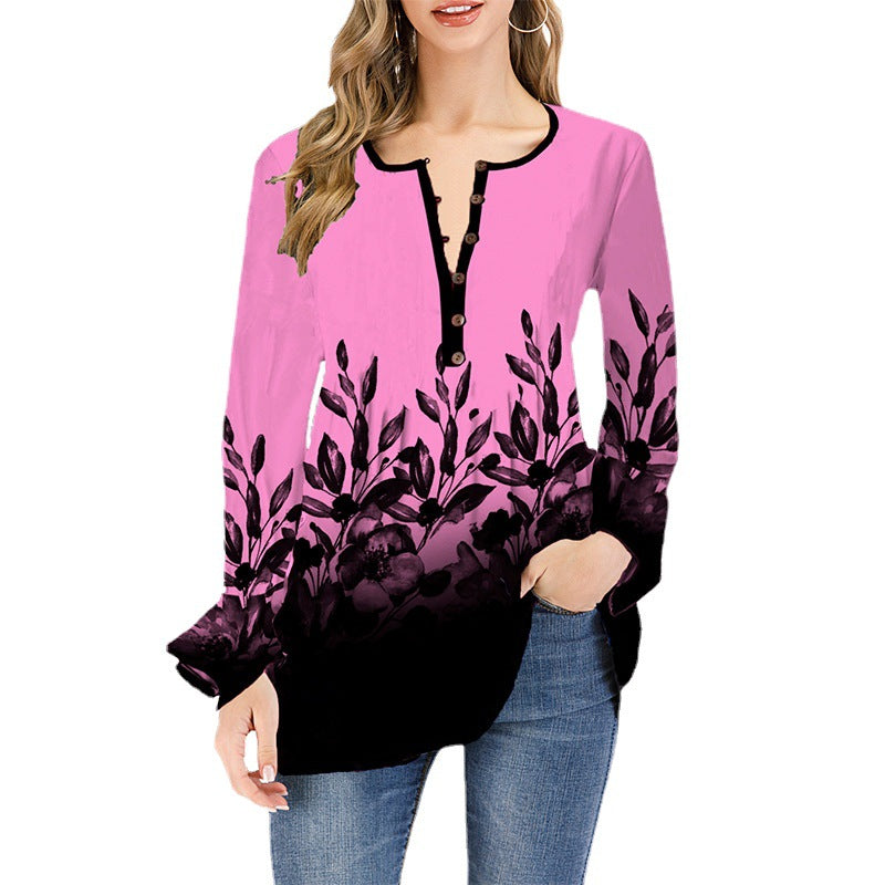 Damen Lockeres Langarm-Tunika-Shirt mit Henley-Knopfleiste und floralem Ombre-Print Shop Nory
