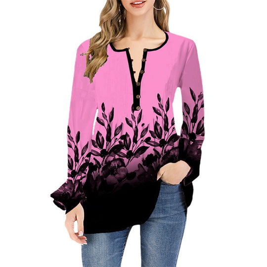 Damen Lockeres Langarm-Tunika-Shirt mit Henley-Knopfleiste und floralem Ombre-Print Shop Nory