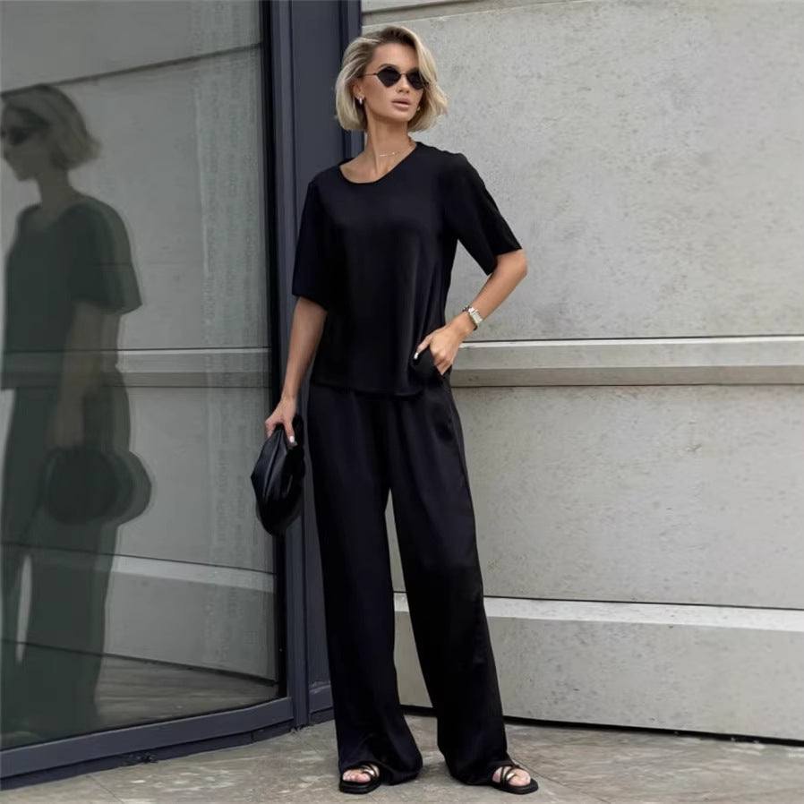 Damen elegantes und fließendes Zweiteiler-Set mit lockerem Oberteil und weiten Hosen Shopnory