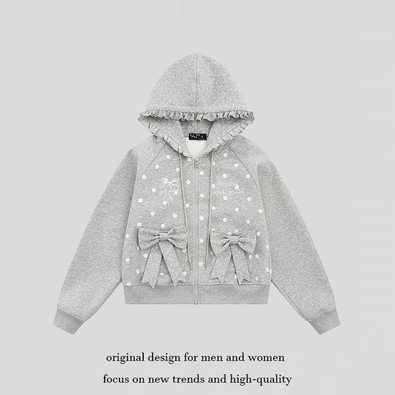 Damen Kapuzen‑Sweatjacke mit Rüschenkapuze, Polka‑Dot‑Muster und Zierschleifen Shop Nory