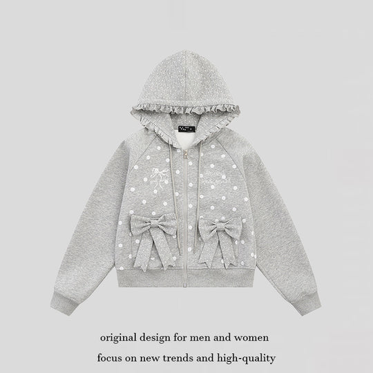 Damen Kapuzen‑Sweatjacke mit Rüschenkapuze, Polka‑Dot‑Muster und Zierschleifen Shop Nory