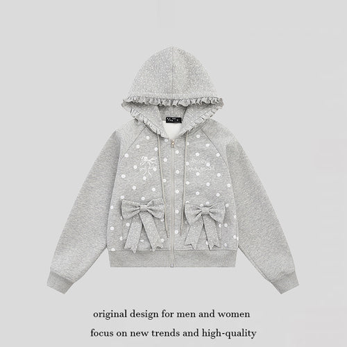 Damen Kapuzen‑Sweatjacke mit Rüschenkapuze, Polka‑Dot‑Muster und Zierschleifen Shop Nory