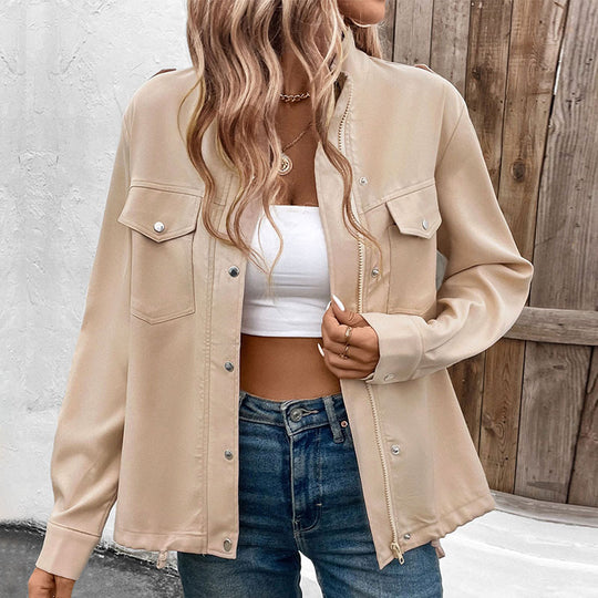Damen Oversize-Hemdjacke Shacket mit Druckknopf‑Front, Brusttaschen und Zwei-Wege-Reißverschluss Shop Nory