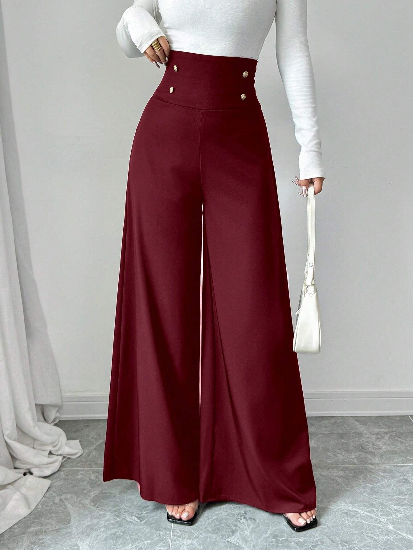 Damen Weite High-Waist Hose mit dekorativen Knöpfen