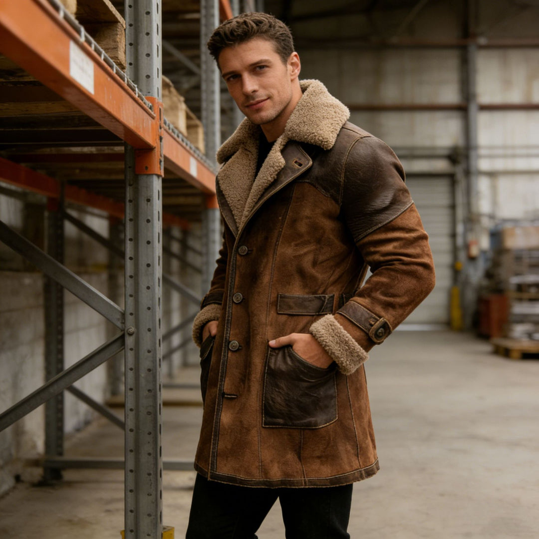 Herren Langer Shearling-Mantel aus Wildleder mit Lederbesatz Shop Nory