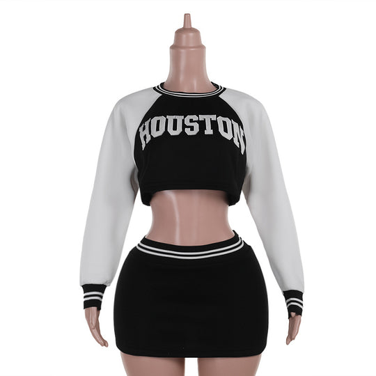 Damen Zweiteiliges Sportives Crop-Sweatshirt- und Minirock-Set mit Raglanärmeln und geripptem Taillenbund Shop Nory