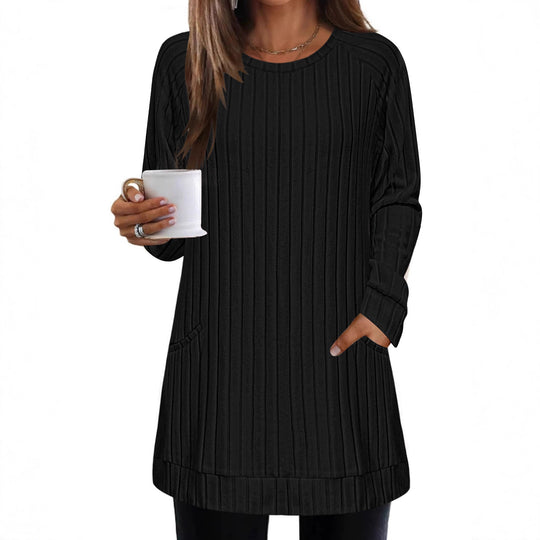 Damen Gerippter Longpullover-Tunika mit Rundhals, Seitentaschen und legerer Passform Shop Nory