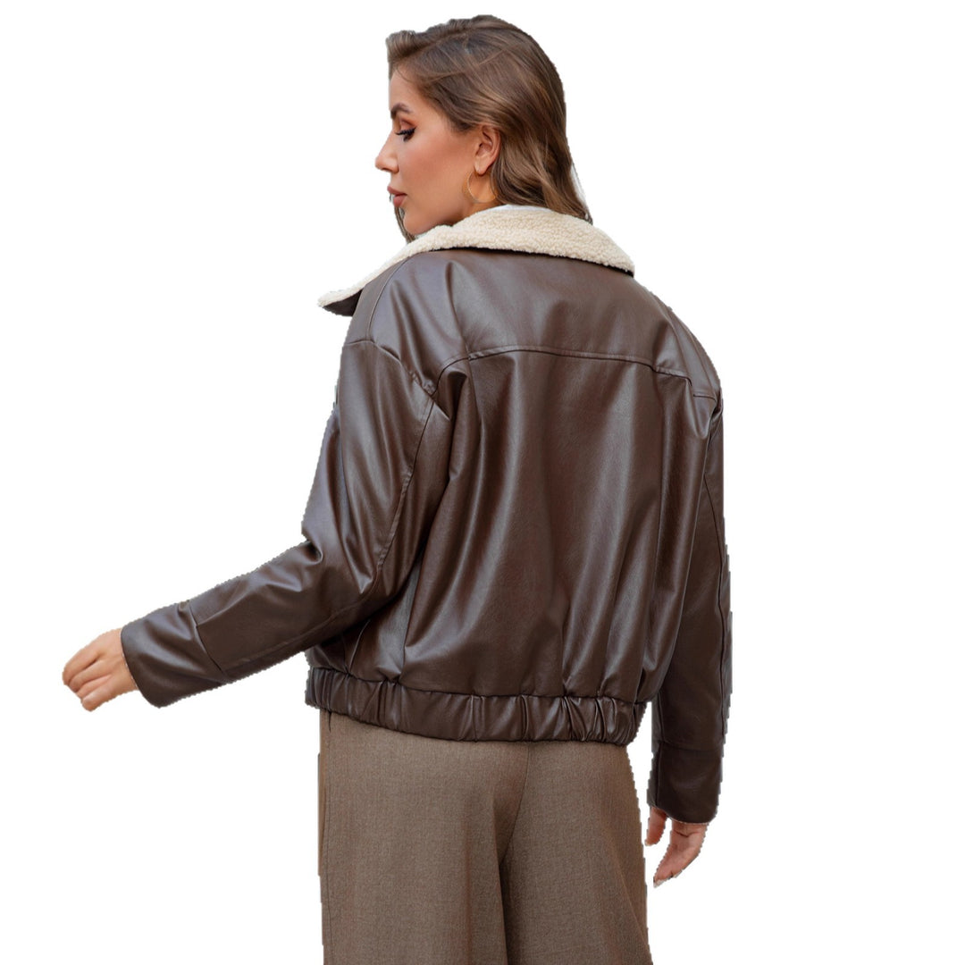 Damen Kurzgeschnittene Kunstlederjacke mit Teddykragen und Druckknöpfen Shop Nory