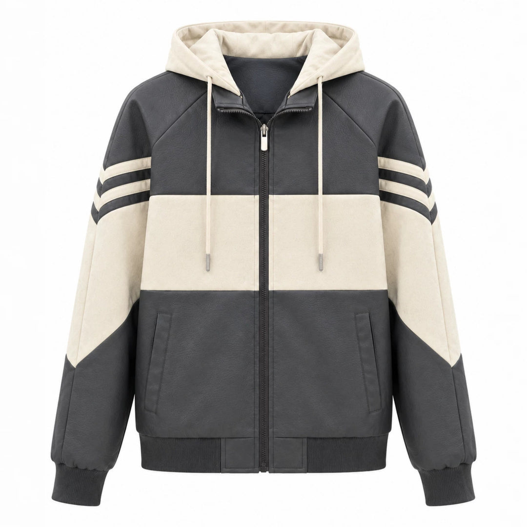 Herren Sportlicher Kapuzen‑Bomber mit Kunstlederoptik, Kontraststreifen und Reißverschluss Shop Nory
