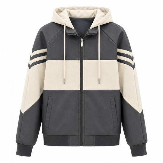 Herren Sportlicher Kapuzen‑Bomber mit Kunstlederoptik, Kontraststreifen und Reißverschluss Shop Nory