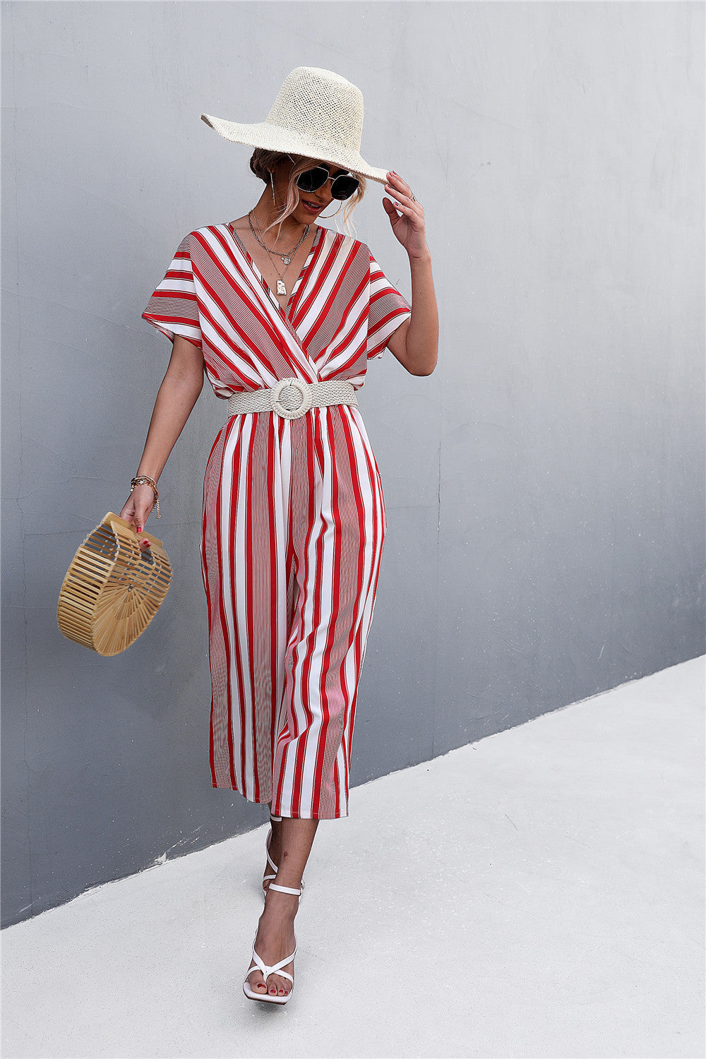 Damen eleganter Jumpsuit mit V-Ausschnitt, breiten Ärmeln und anisstreifendem Design