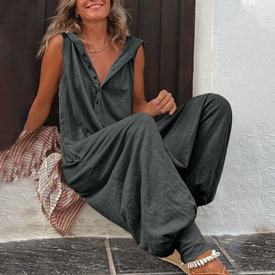 Damen Lässiger Jumpsuit mit Kapuze und Knopfverschluss