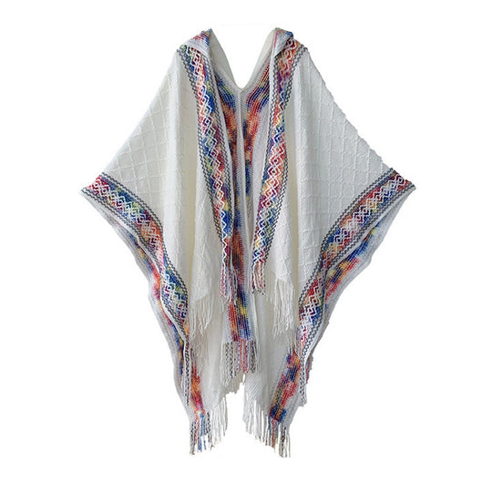 Damen Gewebter Kapuzenponcho mit Fransen und Ethno‑Bordüre Shop Nory