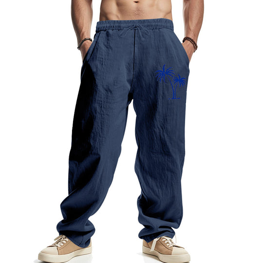 Herren Leichte Leinenoptik-Freizeithose mit elastischem Bund, Kordelzug & Palmen‑Stickerei Shop Nory
