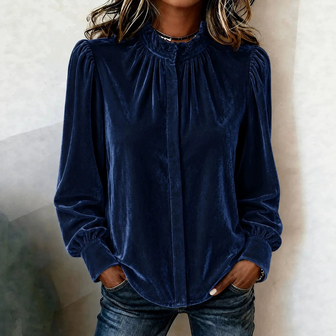 Damen Samtbluse mit Rüschen-Stehkragen, verdeckter Knopfleiste und gerafften Ballonärmeln Shop Nory