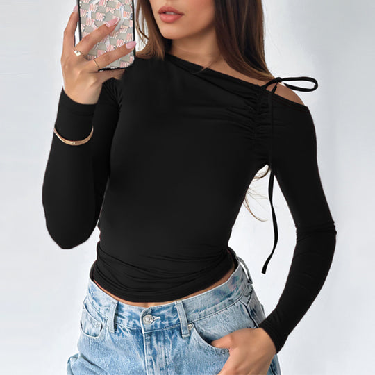 Damen Ein-Schulter-Longsleeve-Cropped-Top mit Raffung, Cut-Out und Zierschleife Shop Nory
