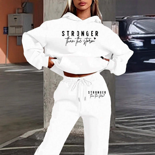 Damen nan Cropped-Hoodie und Jogginghose Set mit Statement-Print, Kängurutasche und elastischem Bund Shop Nory