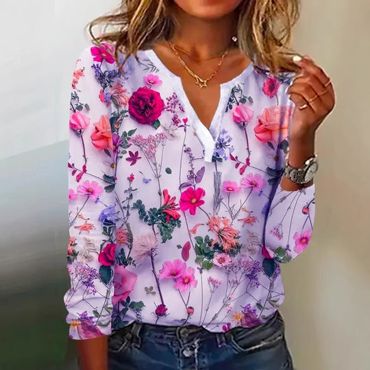 Damen Floral Lange Bluse im Chiffon-Look mit V-Schlitz und Lässiger Silhouette Shop Nory