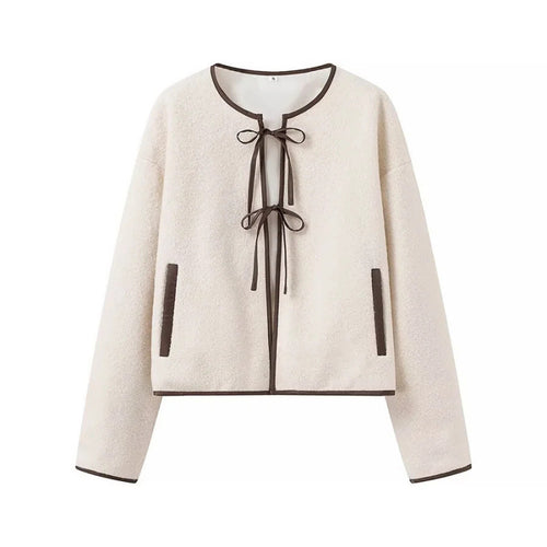 Damen Kurz geschnittene Teddyjacke mit Bindebändern und Kontrastpaspel Shop Nory