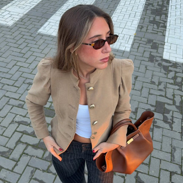 Damen Taillierter Wildlederoptik-Blazer mit Stehkragen und goldenen Zierknöpfen Shop Nory