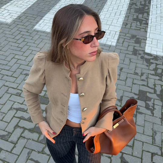 Damen Taillierter Wildlederoptik-Blazer mit Stehkragen und goldenen Zierknöpfen Shop Nory