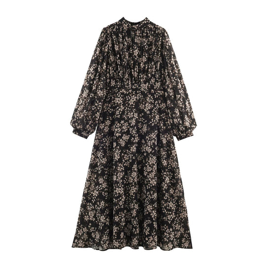 Damen Geblümtes Midikleid mit Faltenoberteil, Stehkragen und Ballonärmeln Shop Nory