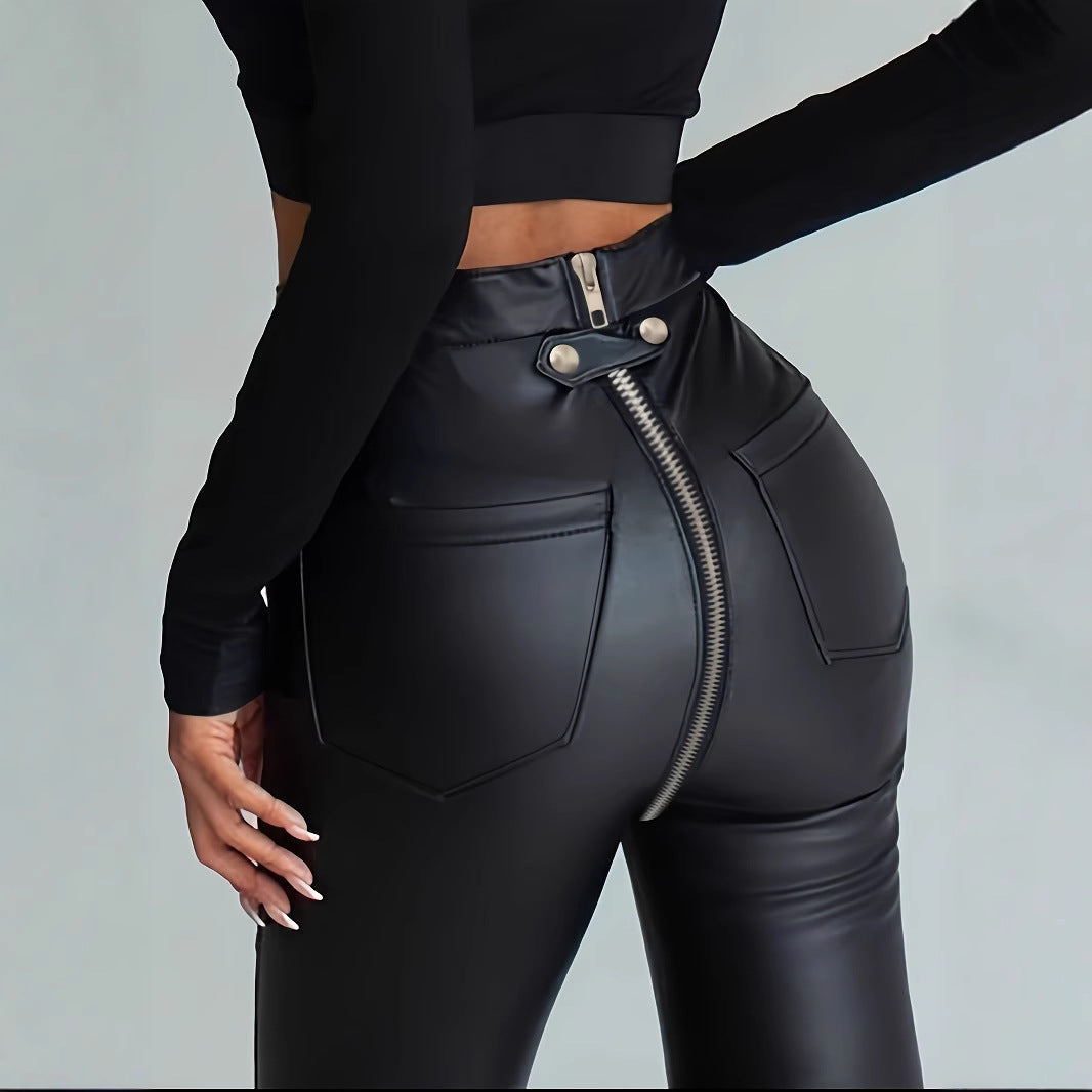 Damen Modische Kunstlederleggings mit Reißverschluss und Taillierung