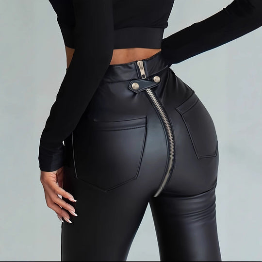 Damen Modische Kunstlederleggings mit Reißverschluss und Taillierung
