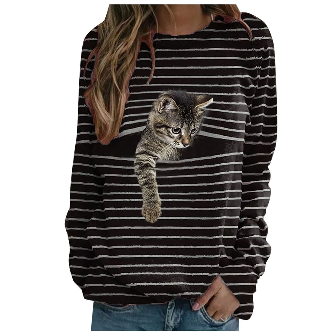 Damen nan lässiger Streifenpullover mit fotorealistischer Katzentasche und Rundhalsausschnitt Shop Nory
