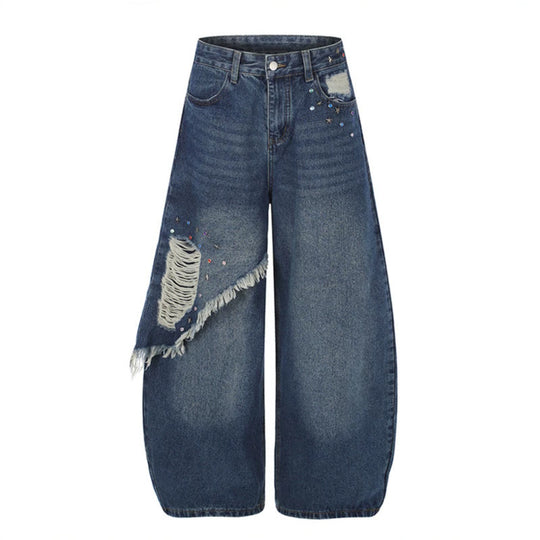 Damen High‑Waist weite Palazzo-Jeans mit asymmetrischem Fransen-Detail und Strassapplikation Shop Nory