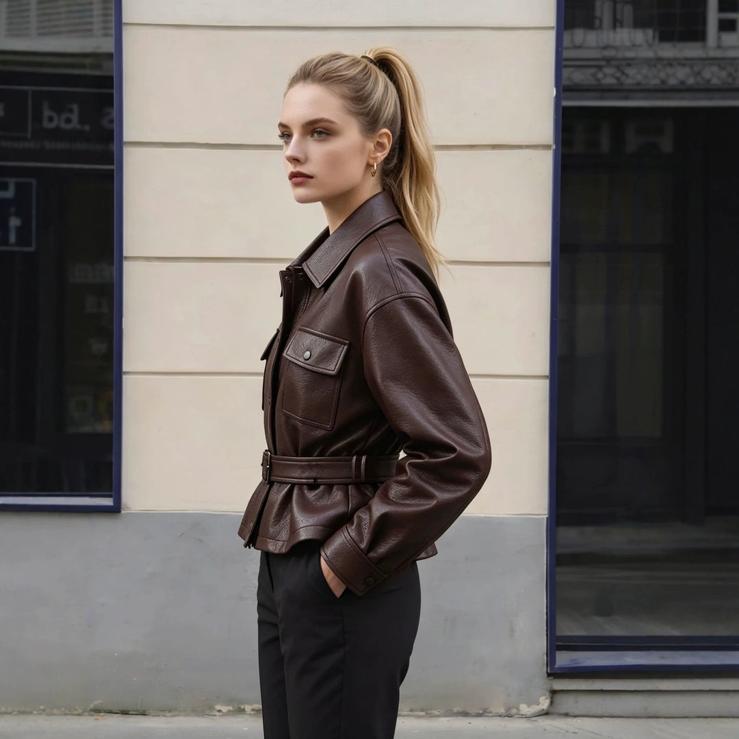 Damen Lederjacke mit Taillengürtel und Oversized-Schnitt Shop Nory