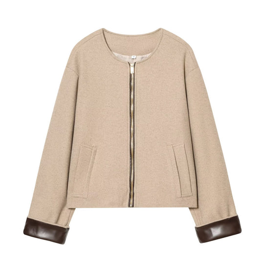Damen Kurzjacke im Boxy‑Cropped‑Wollmix mit sichtbarem Metallreißverschluss und Kontrastmanschetten Shop Nory