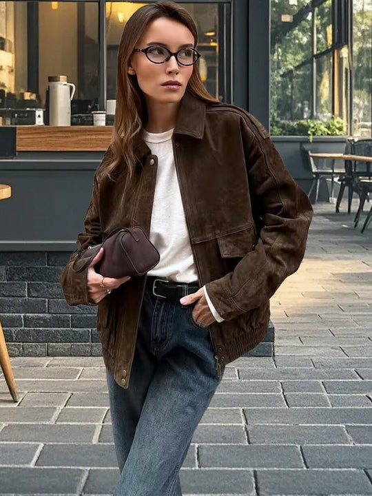 Damen modische Wildlederjacke mit Oversized-Schnitt