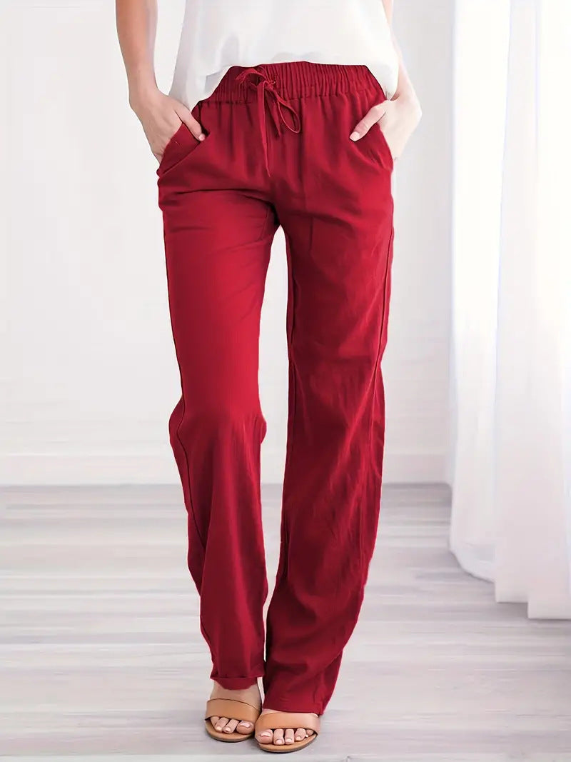 Damen Leichte Leinenoptik Palazzo-Hose mit Gummibund, Tunnelzug und Eingrifftaschen Shop Nory