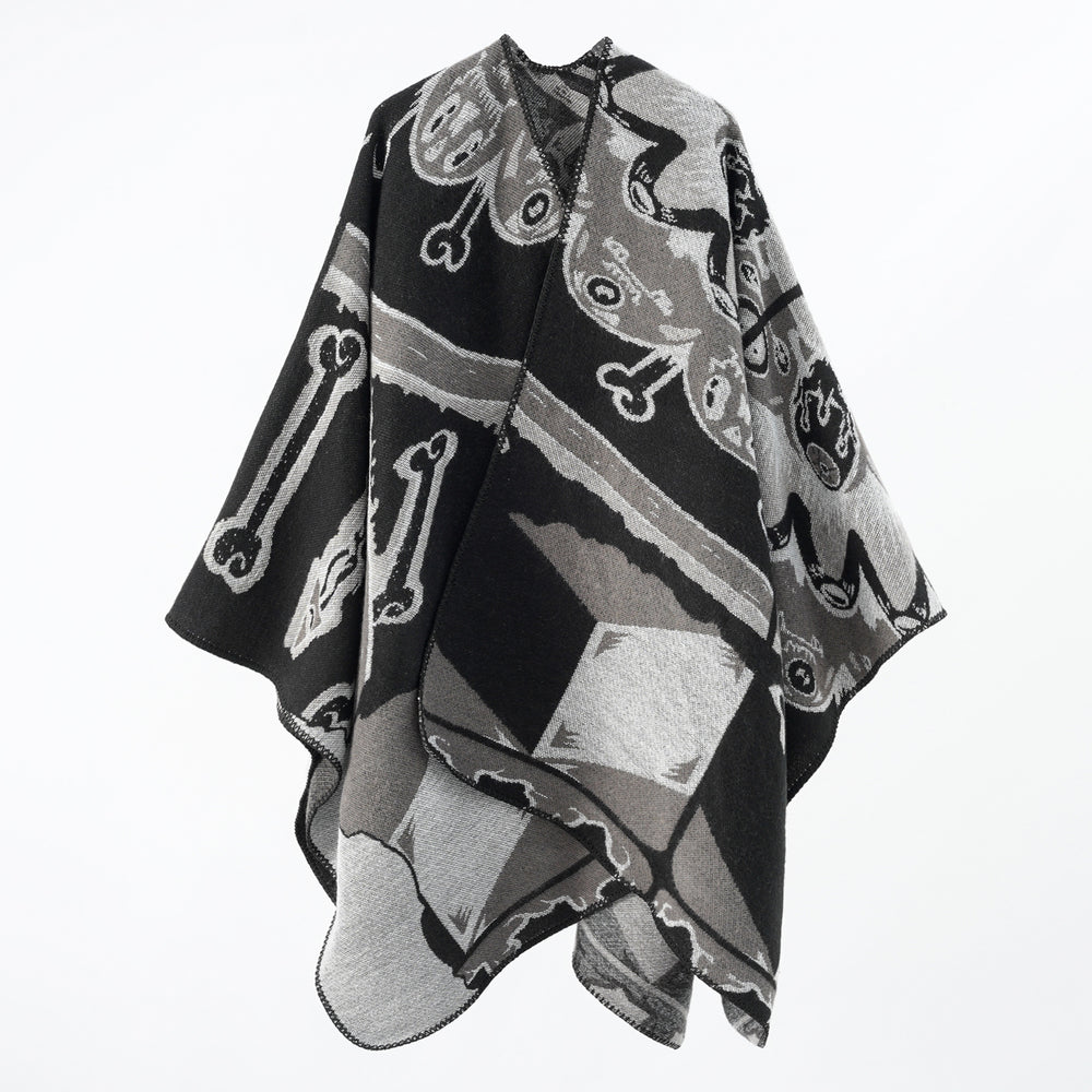 Damen Statement-Capeponcho aus jacquardgewebtem Wollmix mit Skull- und Knochenmuster Shop Nory