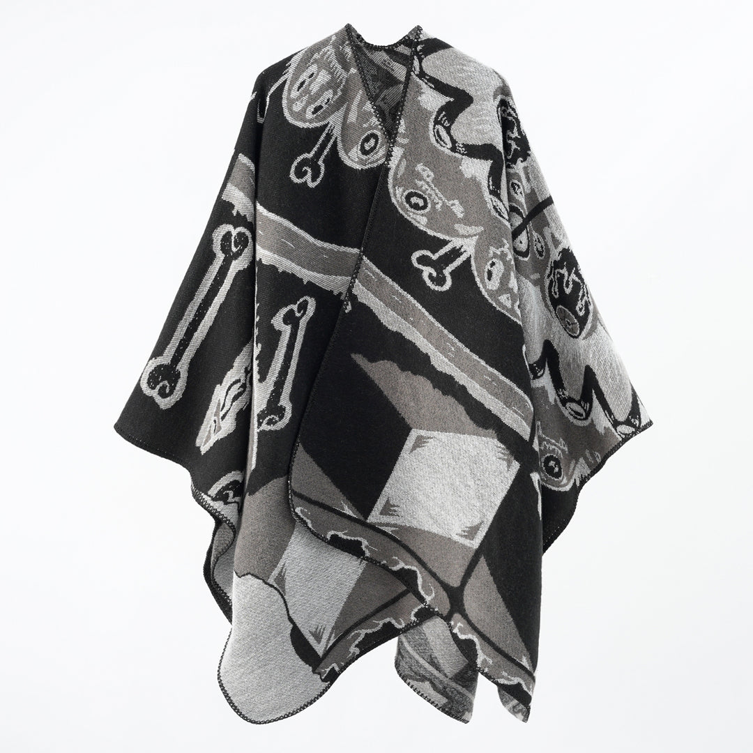 Damen Statement-Capeponcho aus jacquardgewebtem Wollmix mit Skull- und Knochenmuster Shop Nory