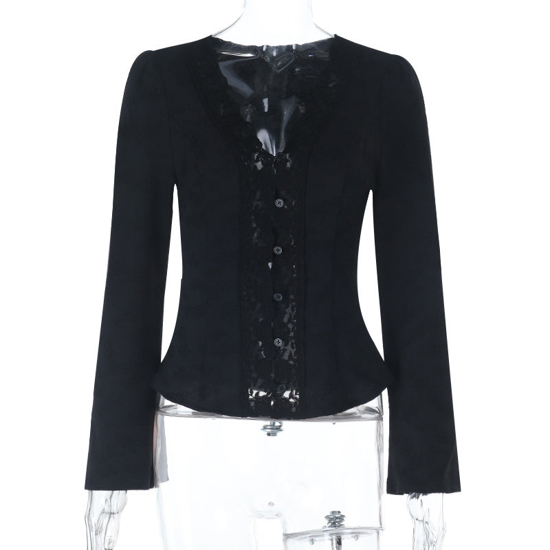 Damen Taillierter Spitzenblazer mit Knopfleiste und Peplum Shop Nory