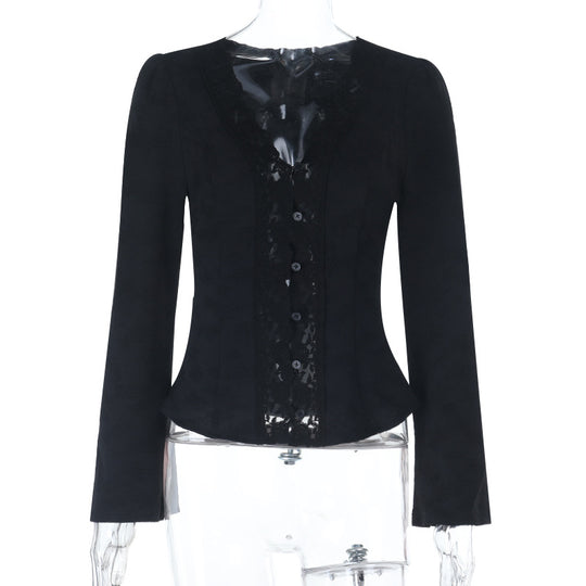 Damen Taillierter Spitzenblazer mit Knopfleiste und Peplum Shop Nory